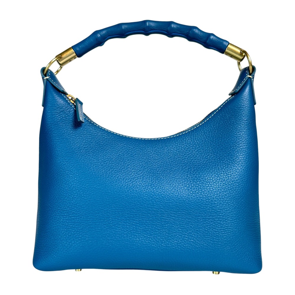 J McLaughlin Shoulder Bag Folly Pebbled Leather Bamboo Handle Blue Small Hobo